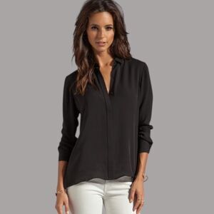 Theory Silk Blouse SP Small Black Textured Long Sleeve Top Minimalist Workwear